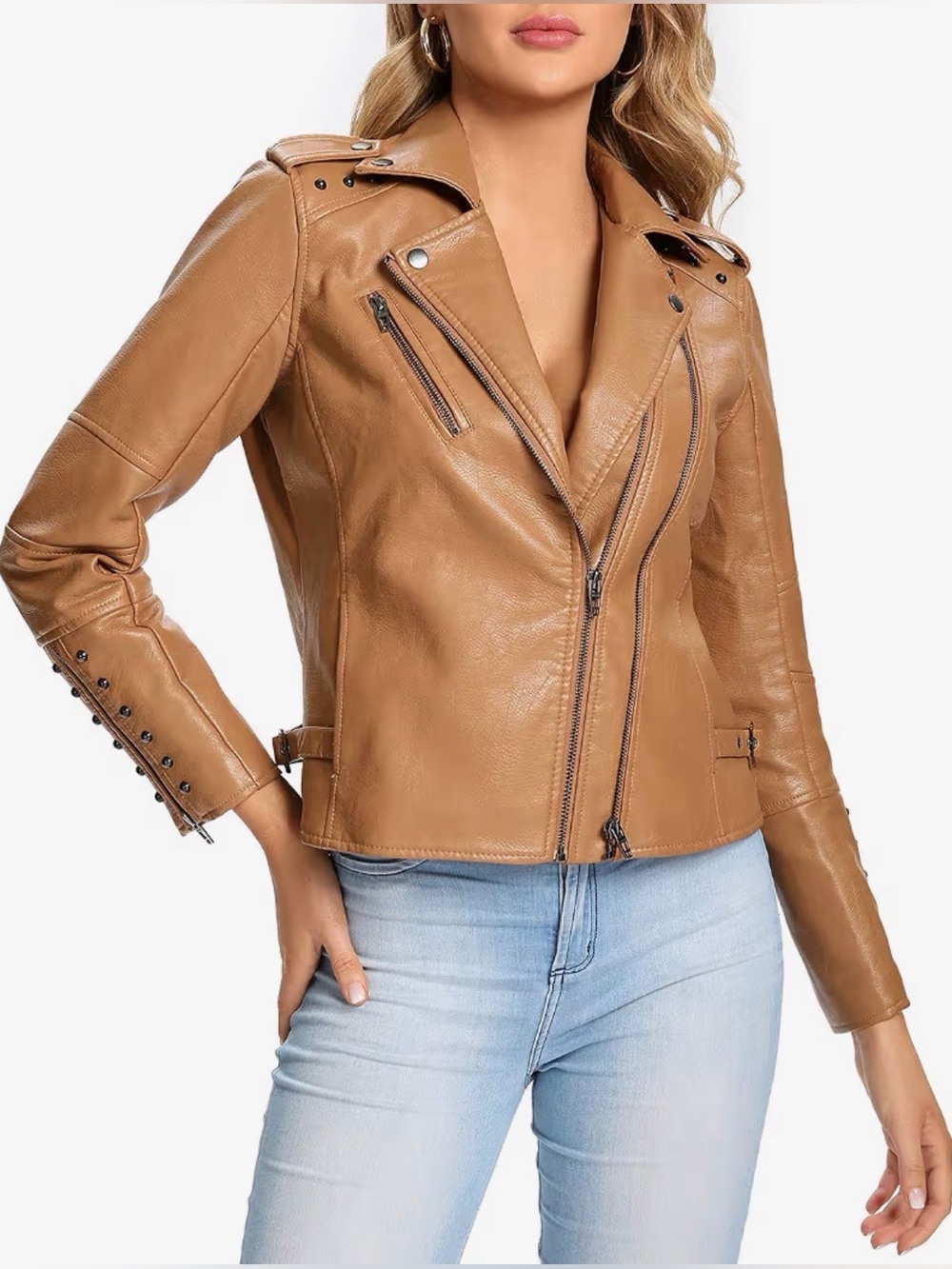 A257 S P Y M Double Zip Up Coat Tan XL Faux Leather Moto Jacket with Rivets NWT